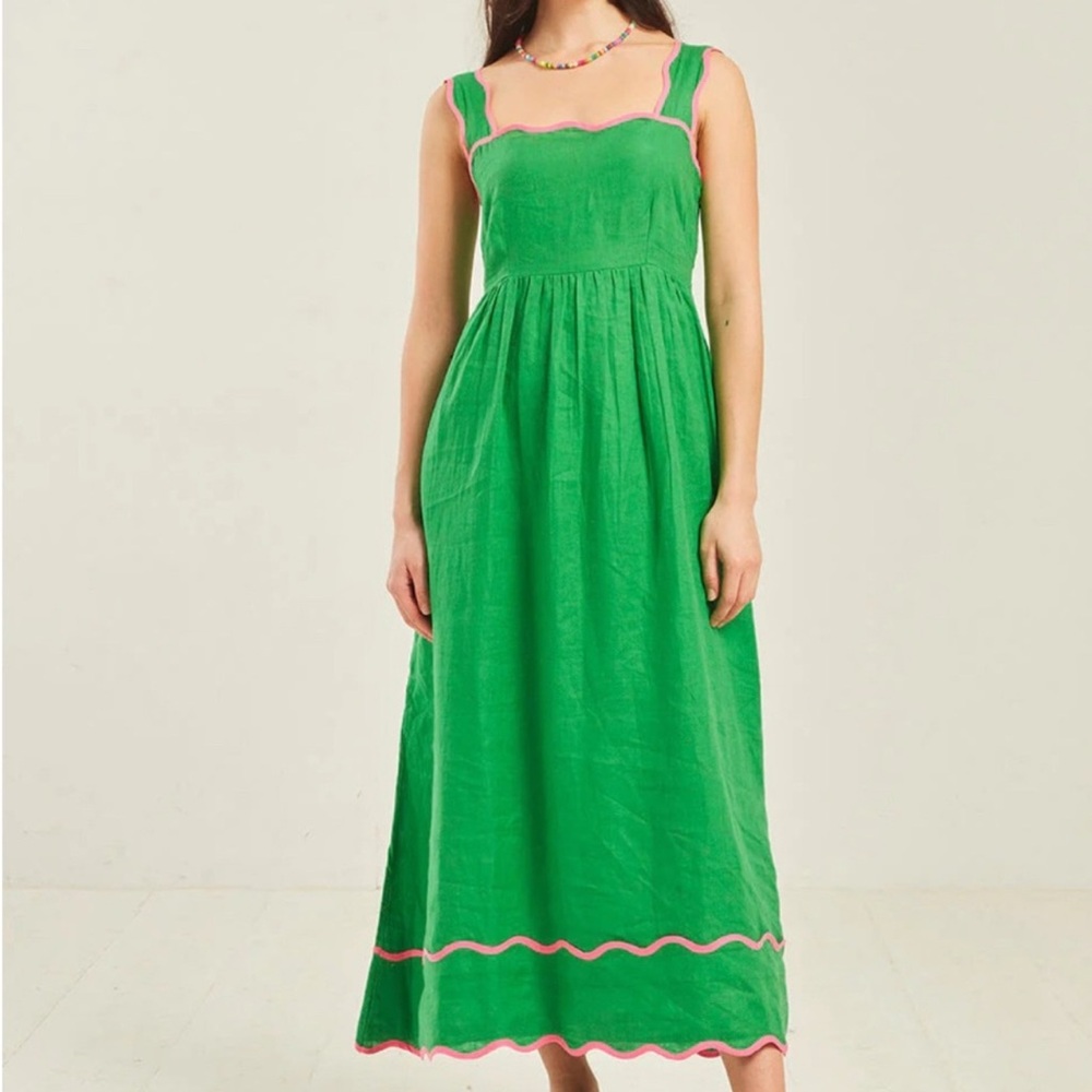 NWT Pink City Prints Green Linen Midi Sundress, Sz M